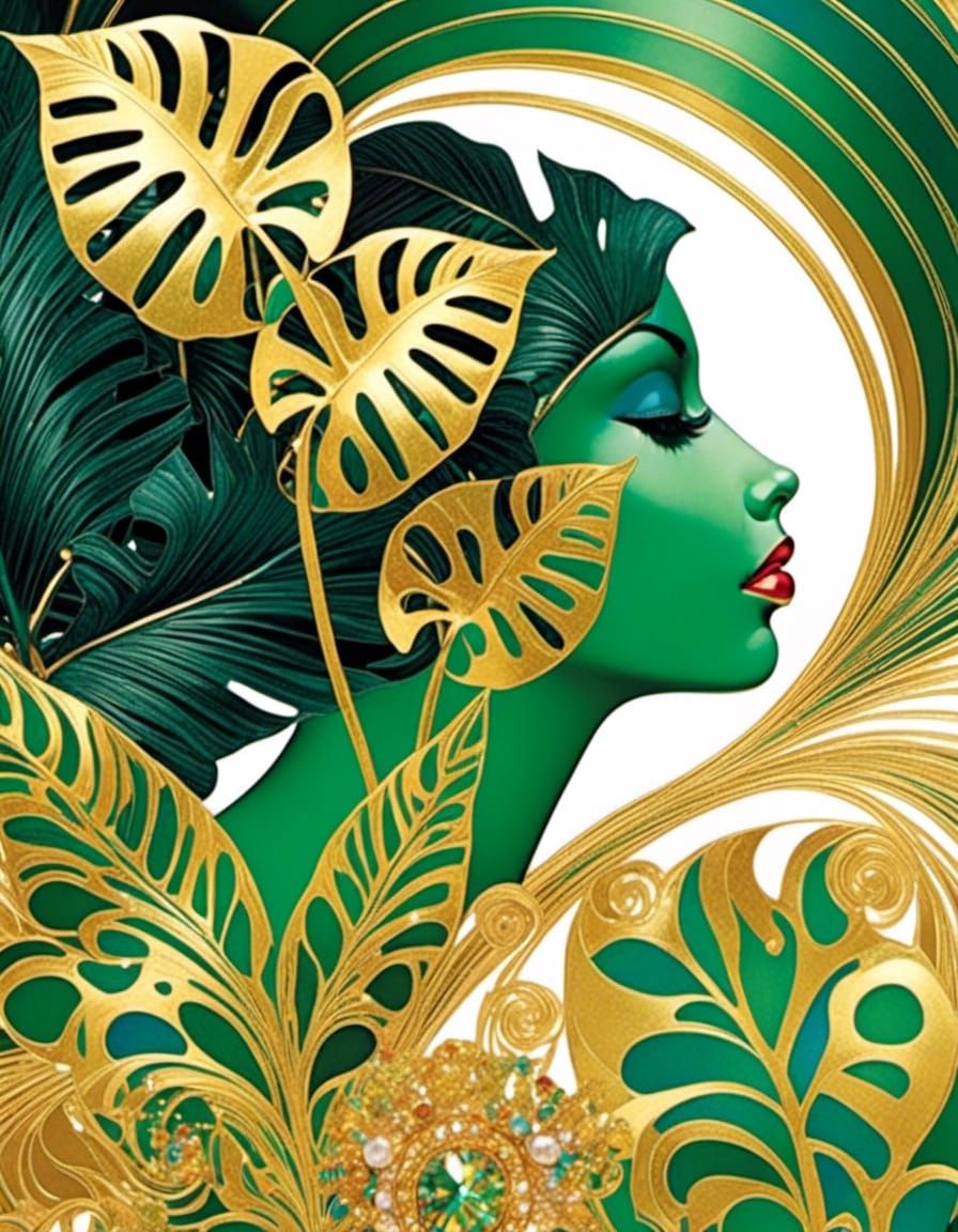 Three dimensional psychedelic Gilded swirling Foliage, monstera palm leaves green and sparkling gold, <lora:Sparkling Collage:1.0> 