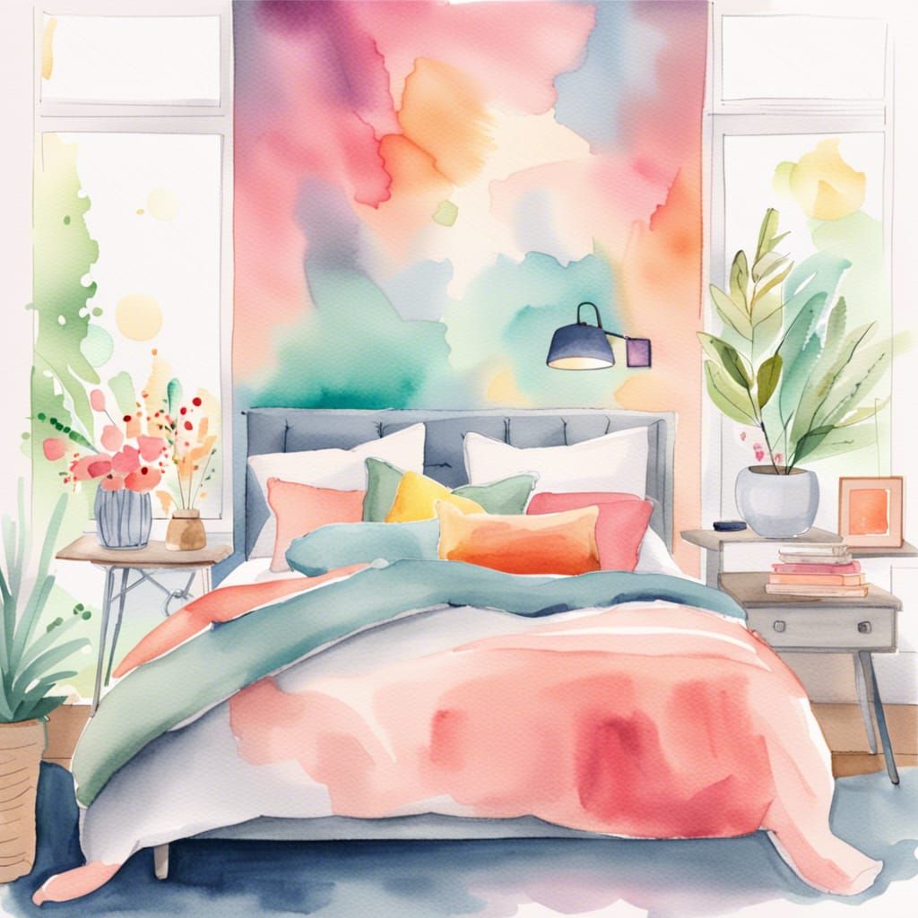 Watercolour Cozy bedroom with vibrant colours