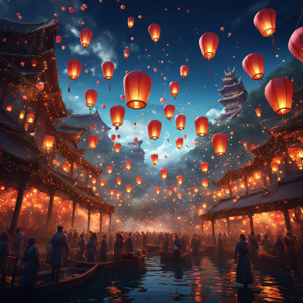 Paper lanterns being released and floating above a festival of life  by @Fritholf