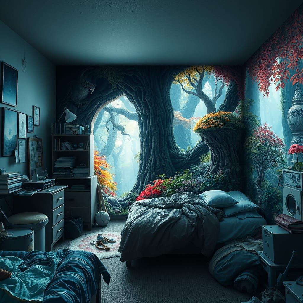 Portal to Mythical Forest in Messy Bedroom