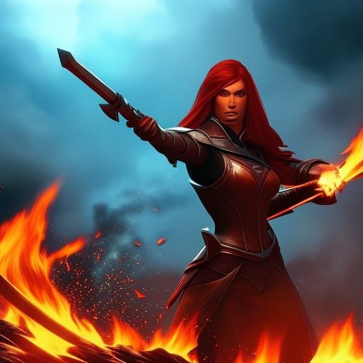 a tall red haired woman blocking a wave of fire with a shiel...