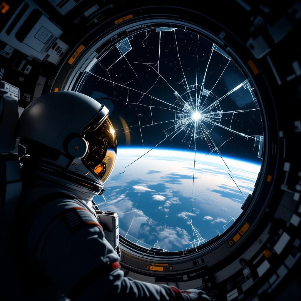 Astronaut Gazing at Earth Through Cracked Window
