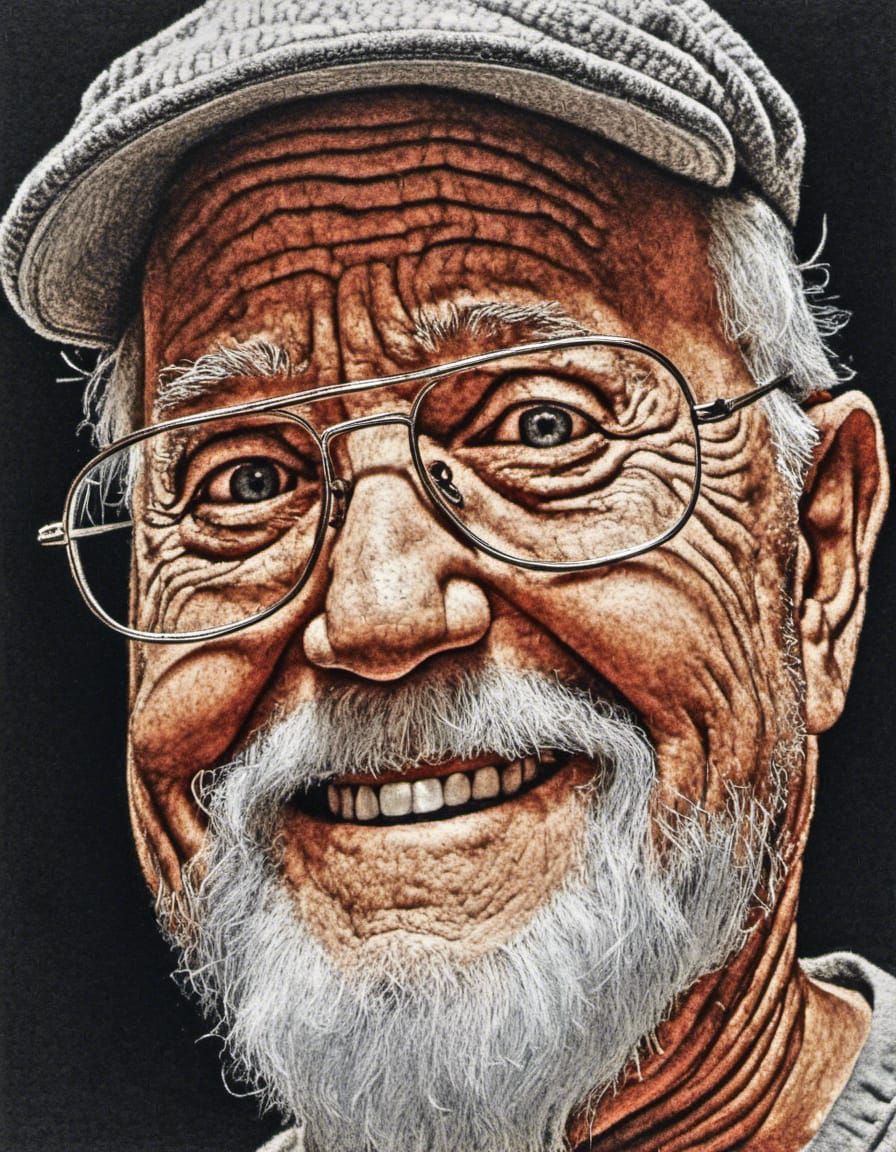 A wise old man, weathered face, wrinkled eyes, knowing smile, gray hair. 90 years old, wispy gray beard, Extreme close-up of <lora:mugshots:...