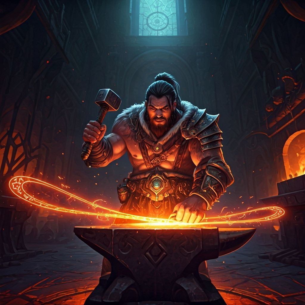 Rune Forger at Magical Anvil, Sparks & Runes in Fantasy Art