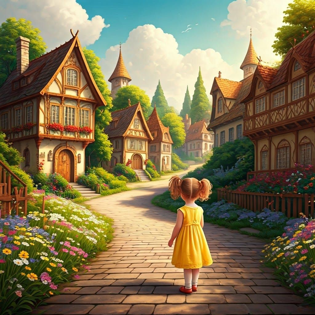 Whimsical Girl Stands at Crossroads in Enchanted Village