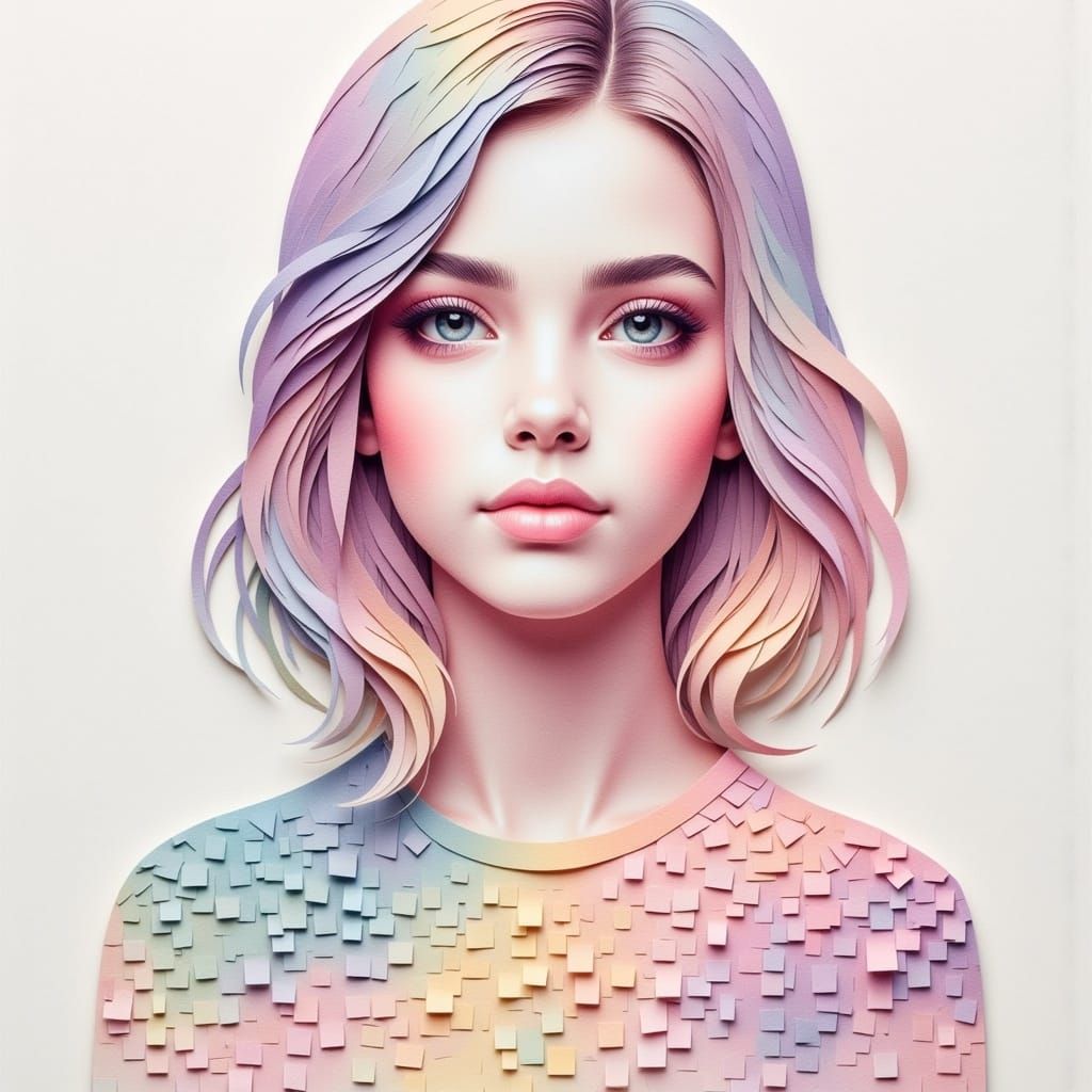 <lora:Paper Mosaic:1.0> A beautiful girl made of colorful pastel colors memo paper ombre like