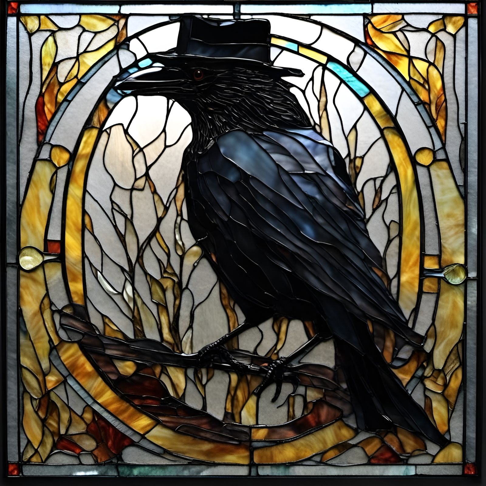 Black stained glass of A black crow with a dapper hat rendered in black