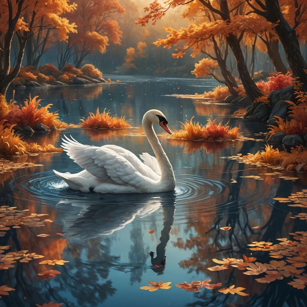 autumn scene with a swan drifting on a lake  by @CFB