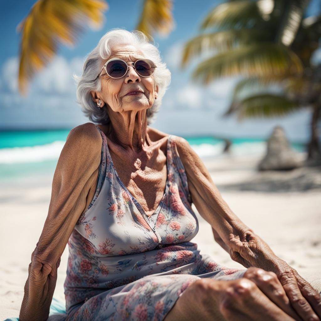 Attractive 80 year old woman sunbathing on a beach in Caribbean. She has  grey hair , wearing sunglasses Professional photography, bokeh, nat... - AI  Generated Artwork - NightCafe Creator