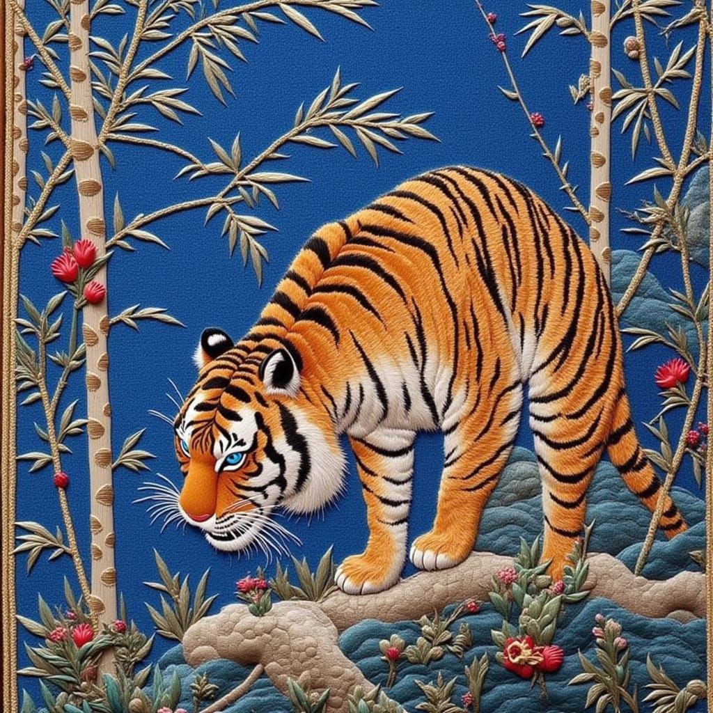 tiger, bamboo, blue background  meticulously handcrafted Chinese Silk embroidery <lora:CHINESE EMBROIDERY:1.0>