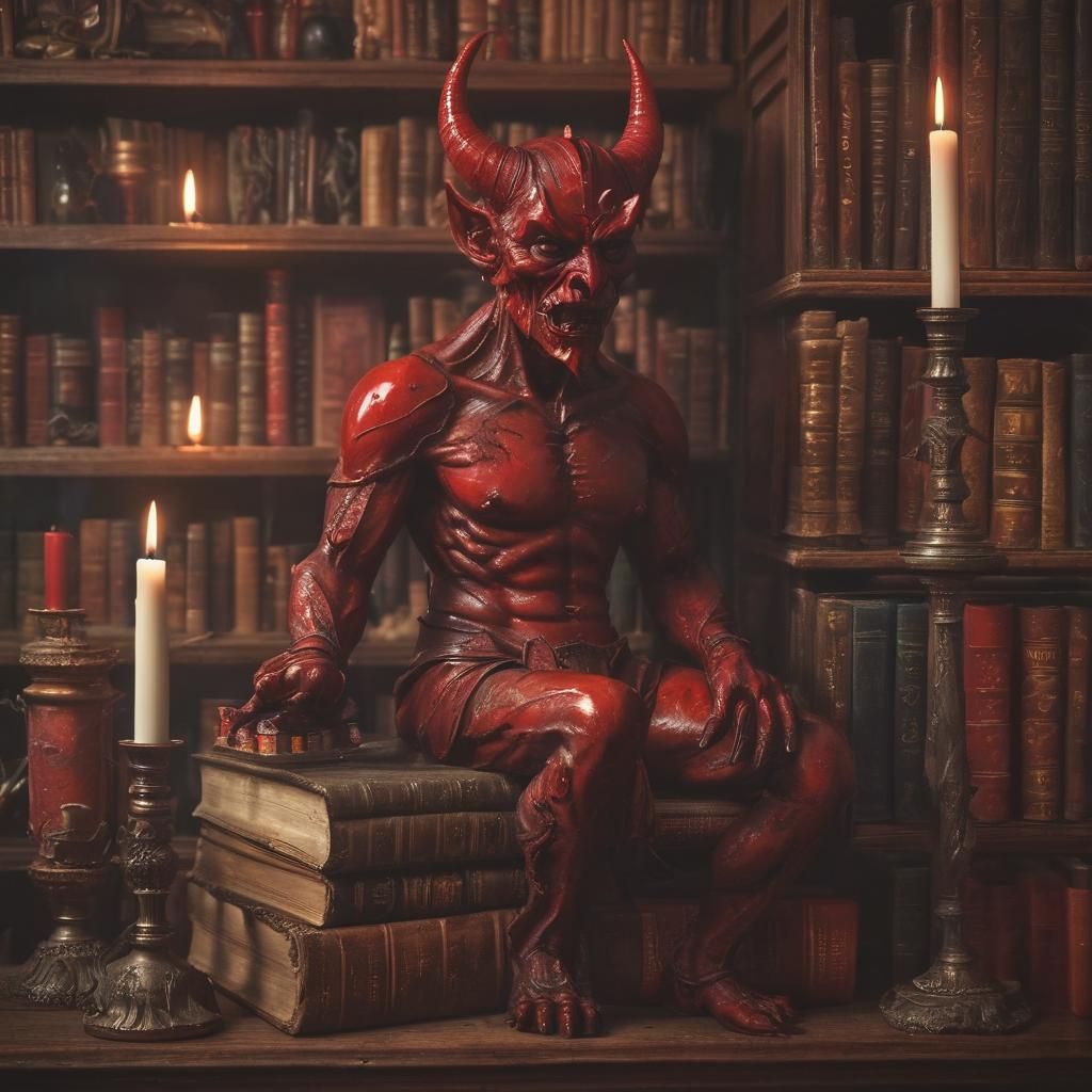 A cursed ceramic red Devil and cursed books in a library of ...