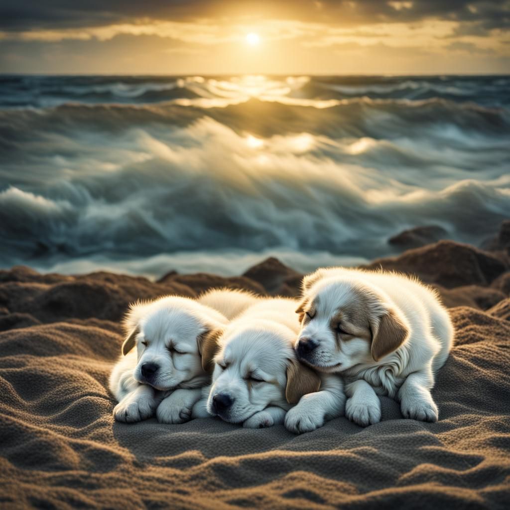Three fluffy puppy’s sleeping on the ocean