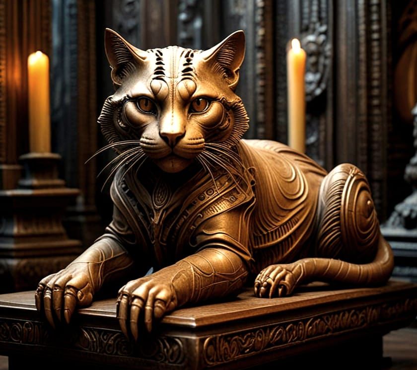 Velvet Feline Form in Renaissance-Inspired, Surreal Setting