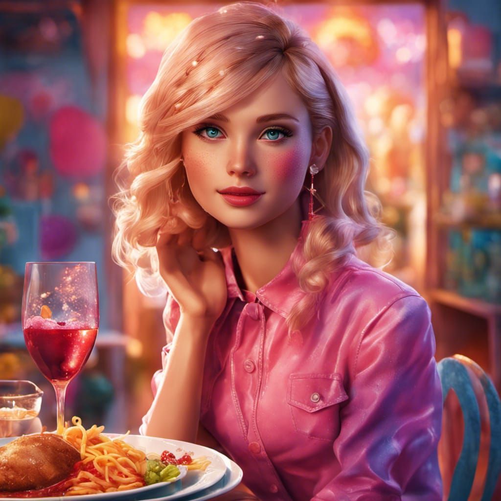 girl dinner, barbie theme, Hyperrealistic, splash art, conce...