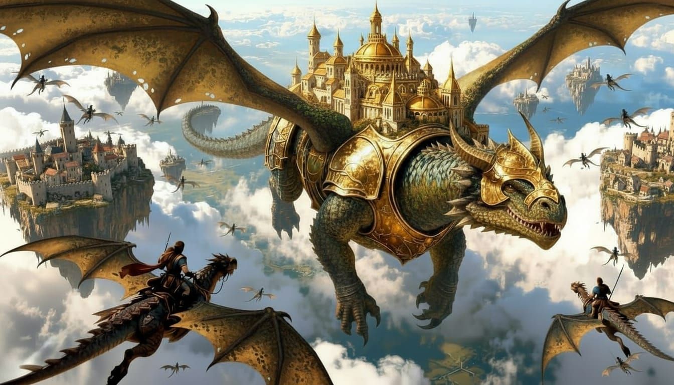 Overhead forward view of warriors riding on midair flying winged dragons in sky of clouds, mediaeval   city merged to armored  centered  gia...