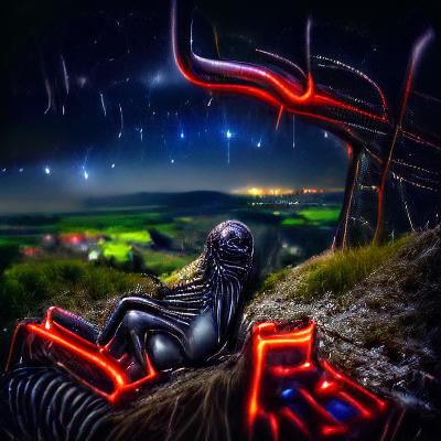 Sitting on a ridge at night looking at the stars glowing neo...