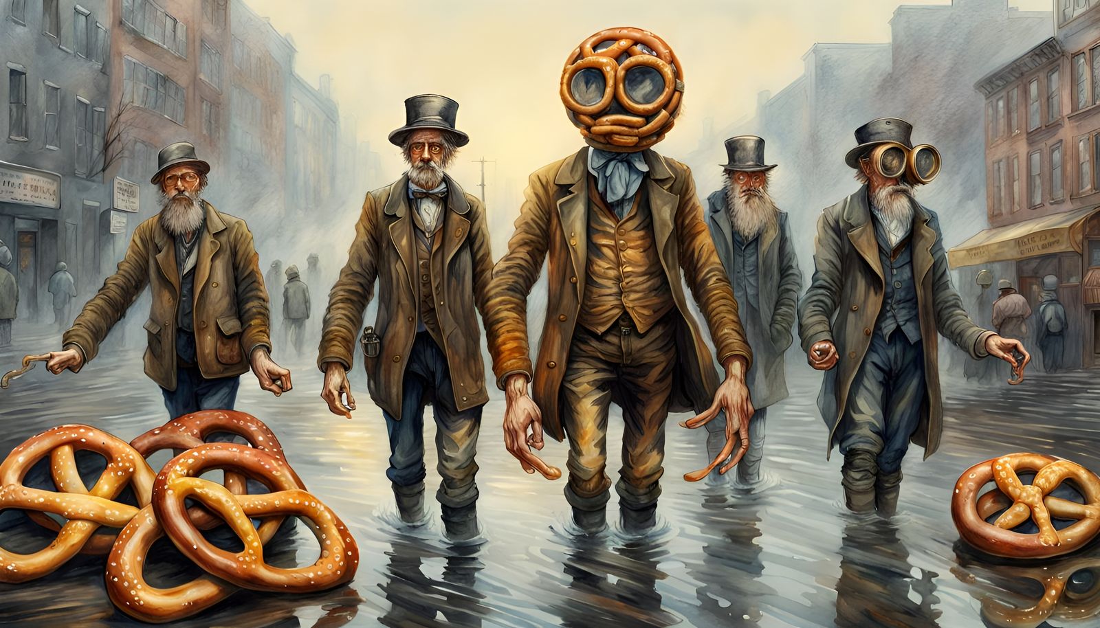 Dystopian Pretzel People in Steampunk Watercolor Illustratio...