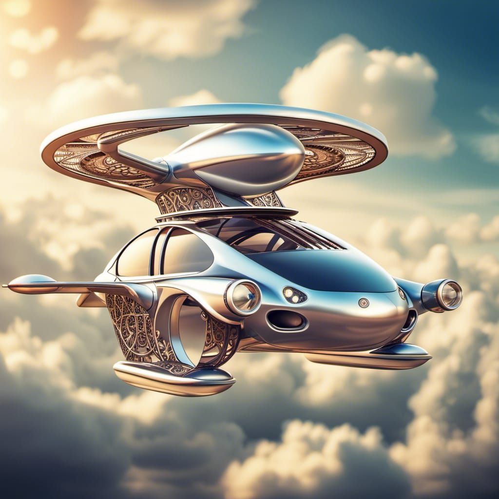flying car, centered composition highly detailed, intricate, wings, propeller, cloudy background, bokeh, ...  by @GLB