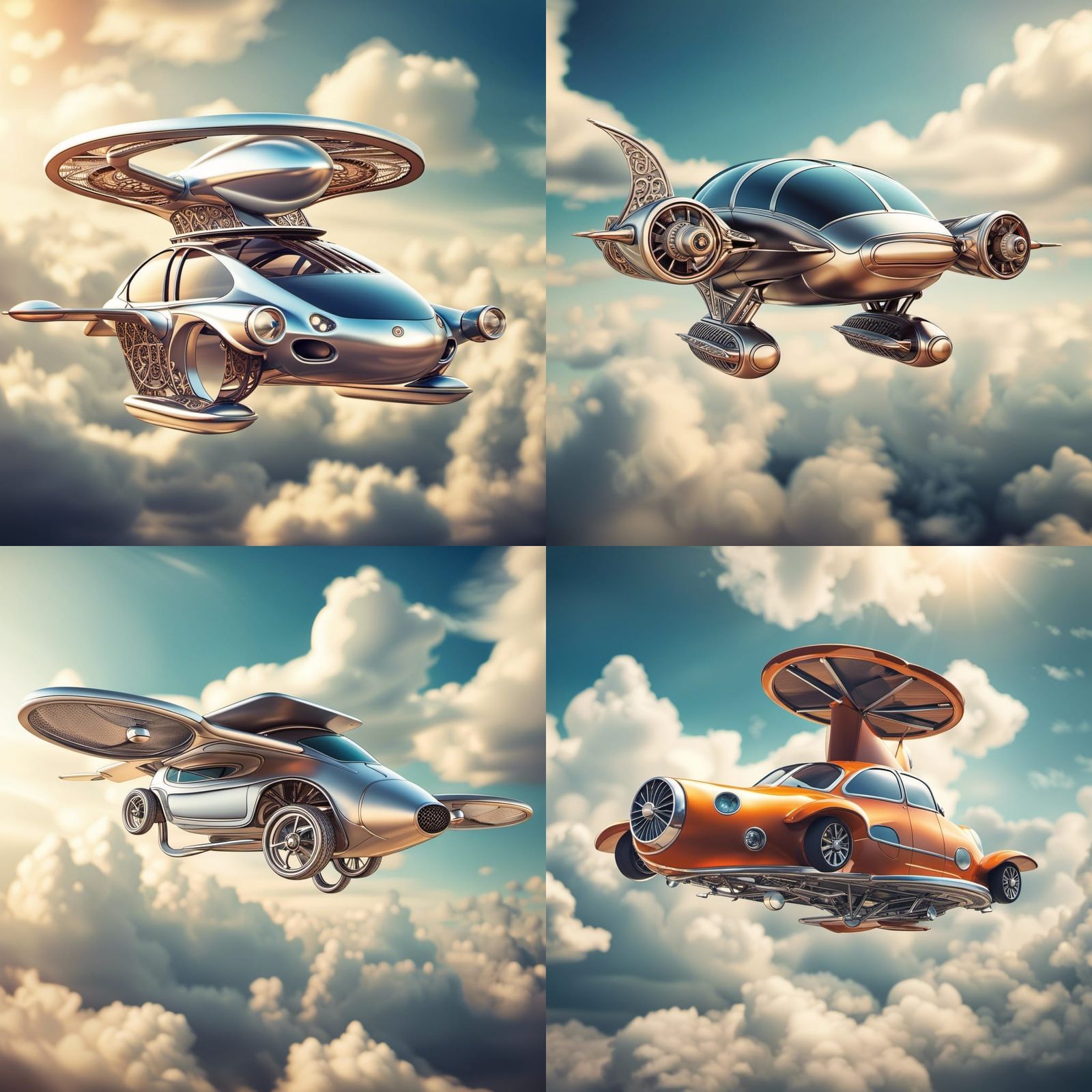 flying car, centered composition highly detailed, intricate, wings, propeller, cloudy background, bokeh, filigree, photo...