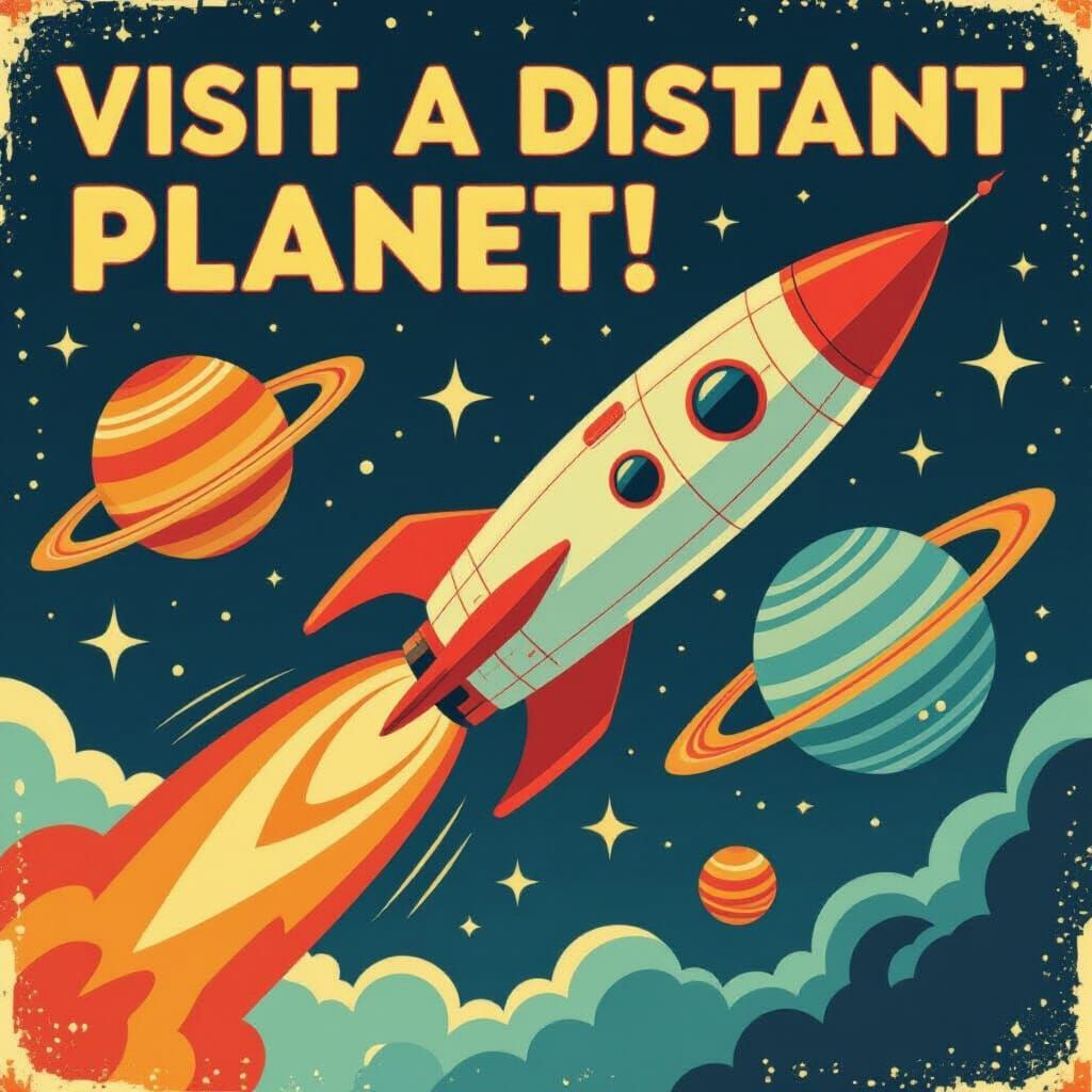 imagine a retro-futuristic space poster, rendered in a flat, 2D cartoon style with bold outlines and ...  by @Aspen