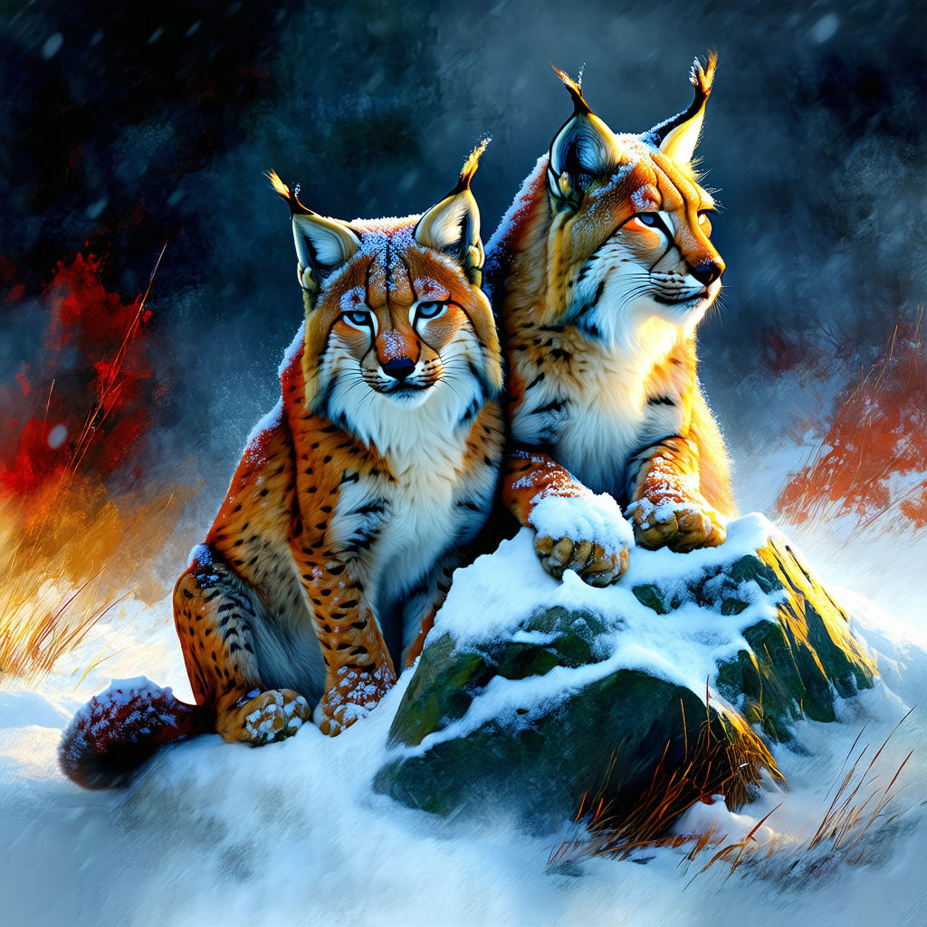 Two Lynxs sitting in a blizzard
