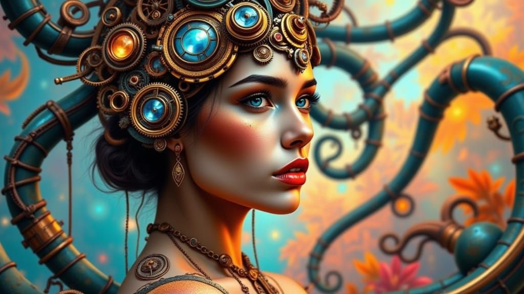 Ethereal Steampunk Goddess in Neon Splendor - AI Art