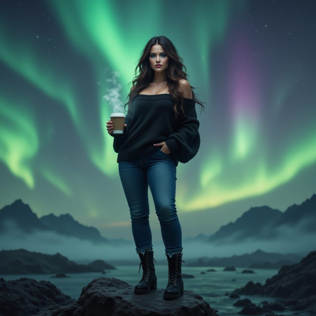 Woman Under Aurora Borealis in Photorealistic Style