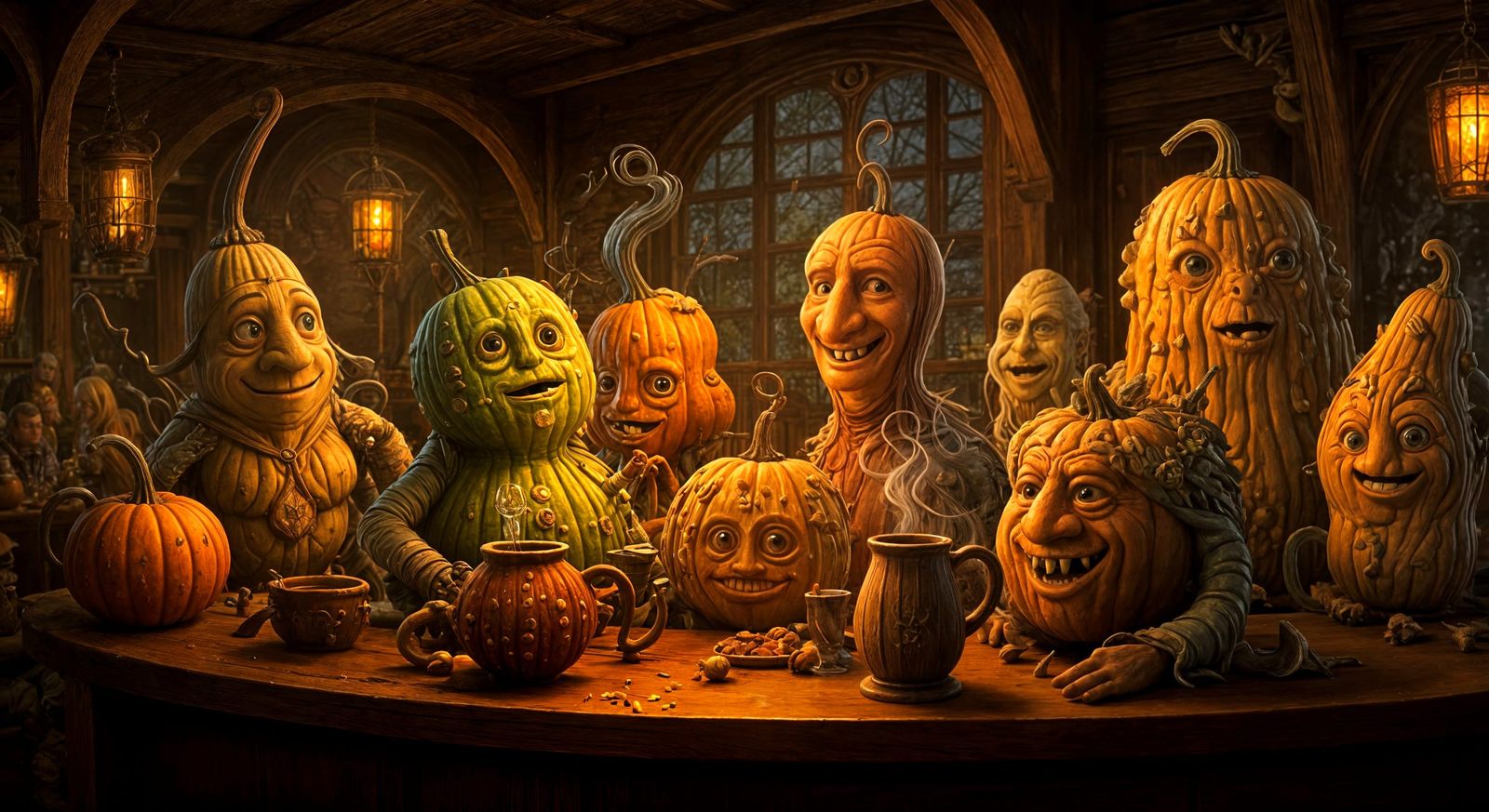Whimsical gourds chatting in a bar drinking mulled wine  by @Francis H