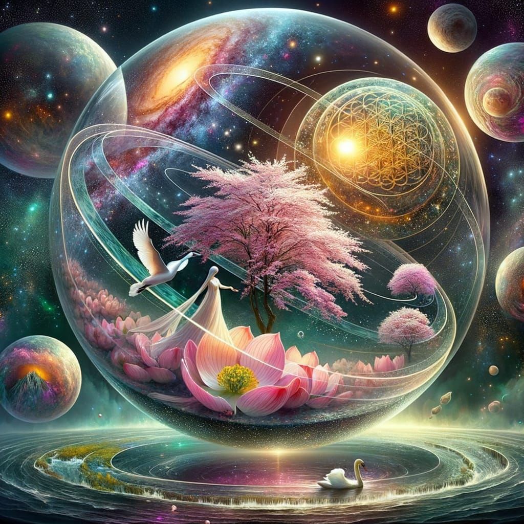  A beautiful galaxy in a transparent glass egg floating in the middle of a star and planet background adorned with delicate lace design dogw...