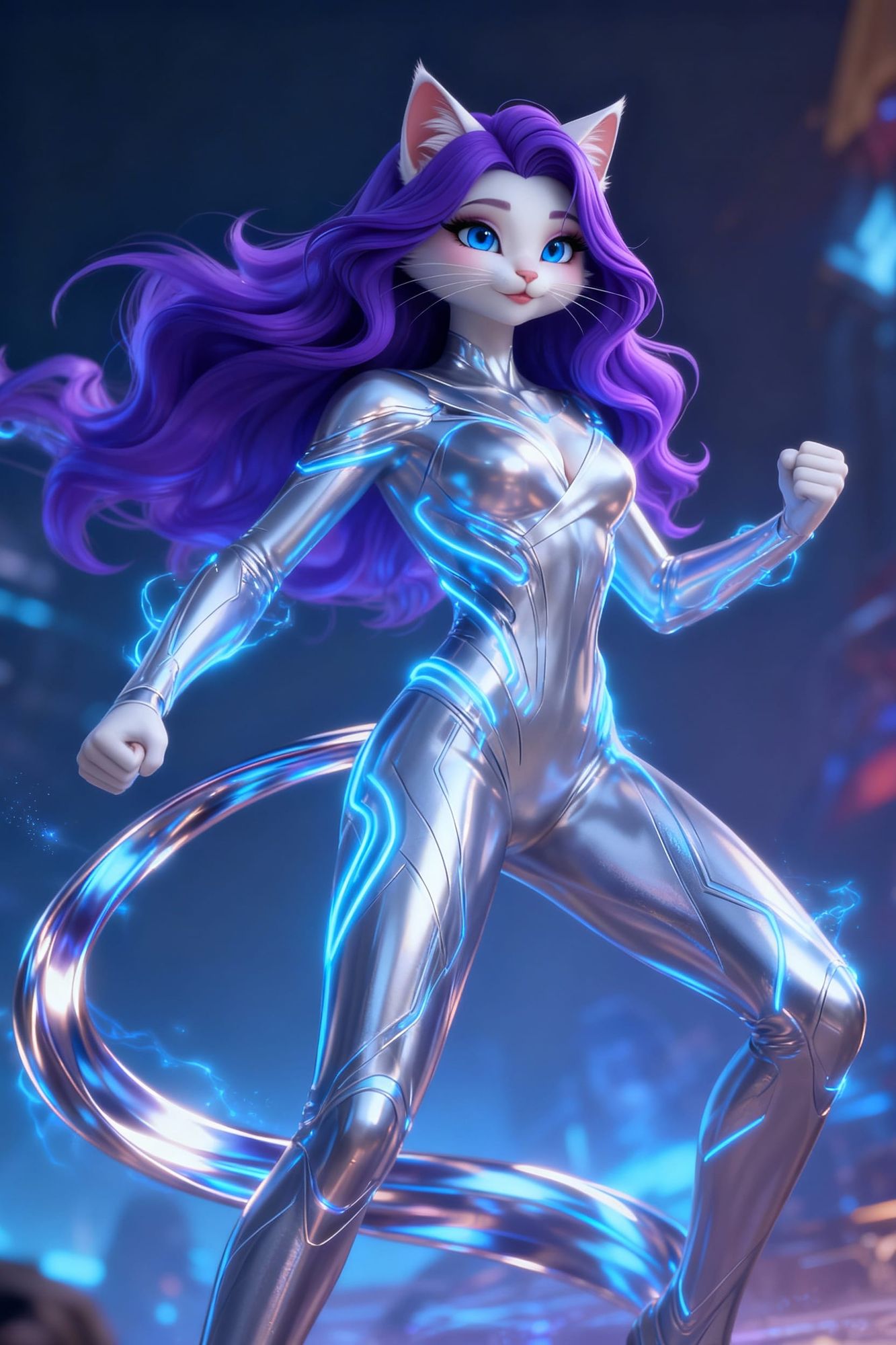 "Obsidian in glowing nano-armor and Aurora in silver energy suit back-to-back protecting scared civilians from shadowy drone threats in neon... - Start Image 1