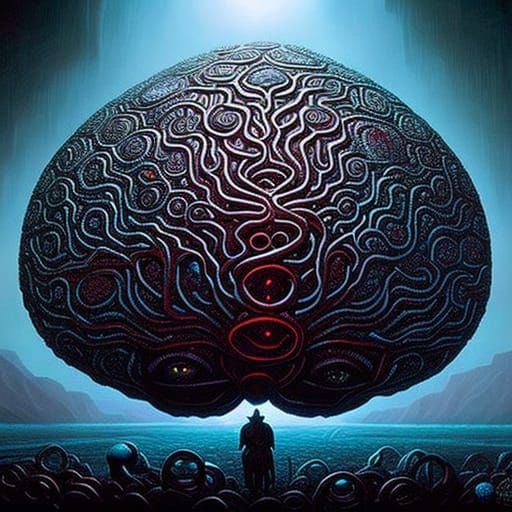 "Dystopian illustration of a floating brain"