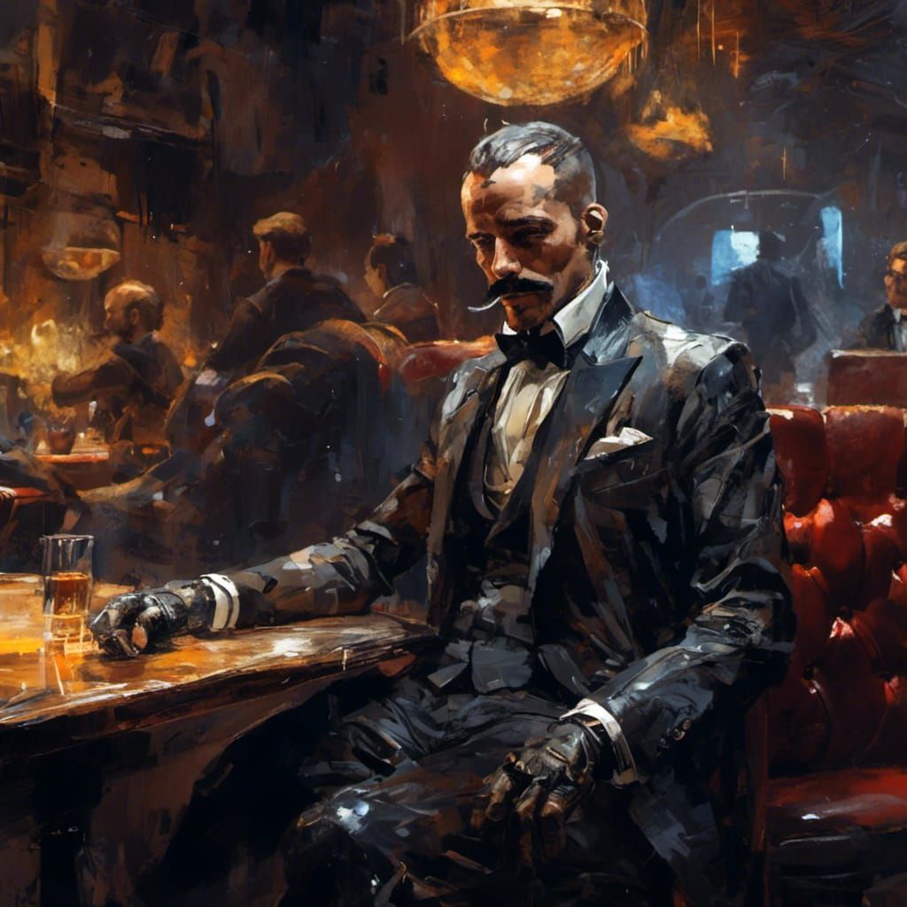 <lora:Scrappers:1.0>  A portrait of a man in a snazzy suit sitting at a booth in a jazz club, amazing mustache, volumetric lighting