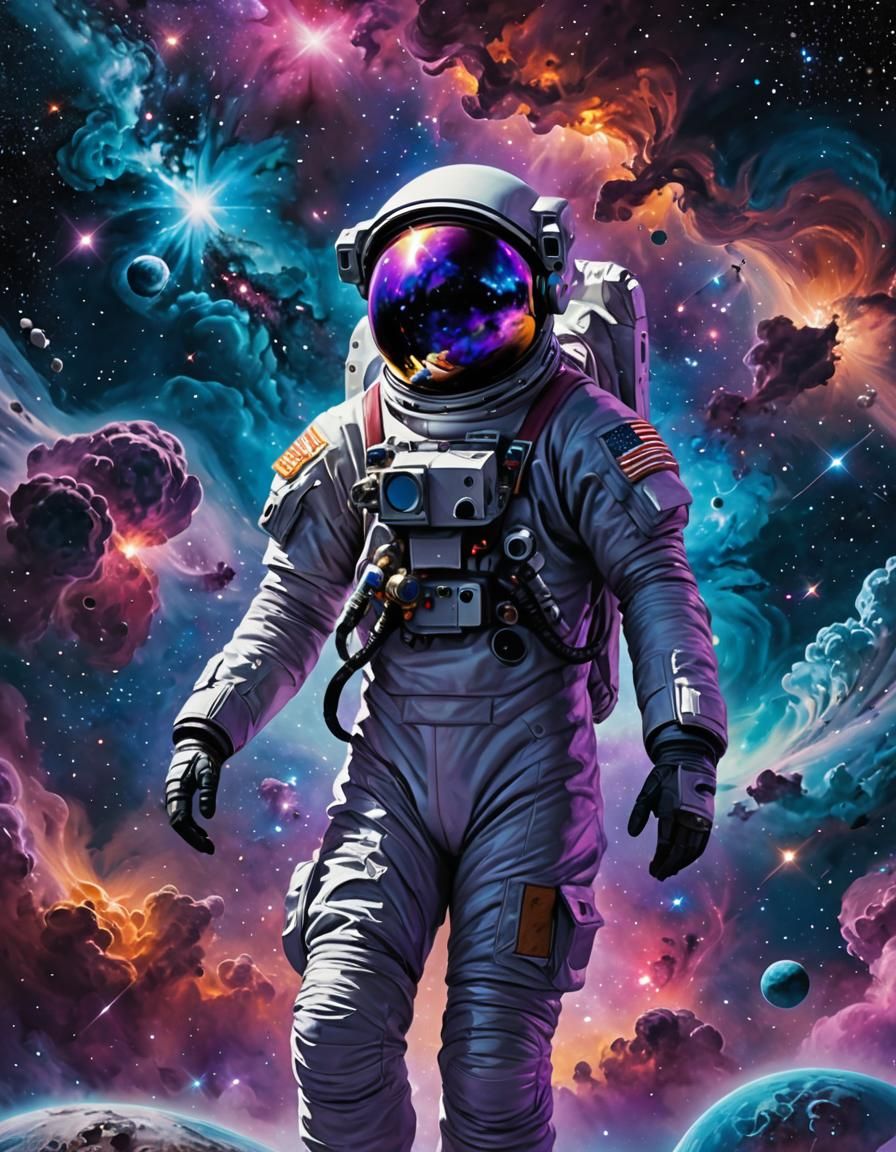 A lone astronaut drifts through the cosmos, with a colorful ...