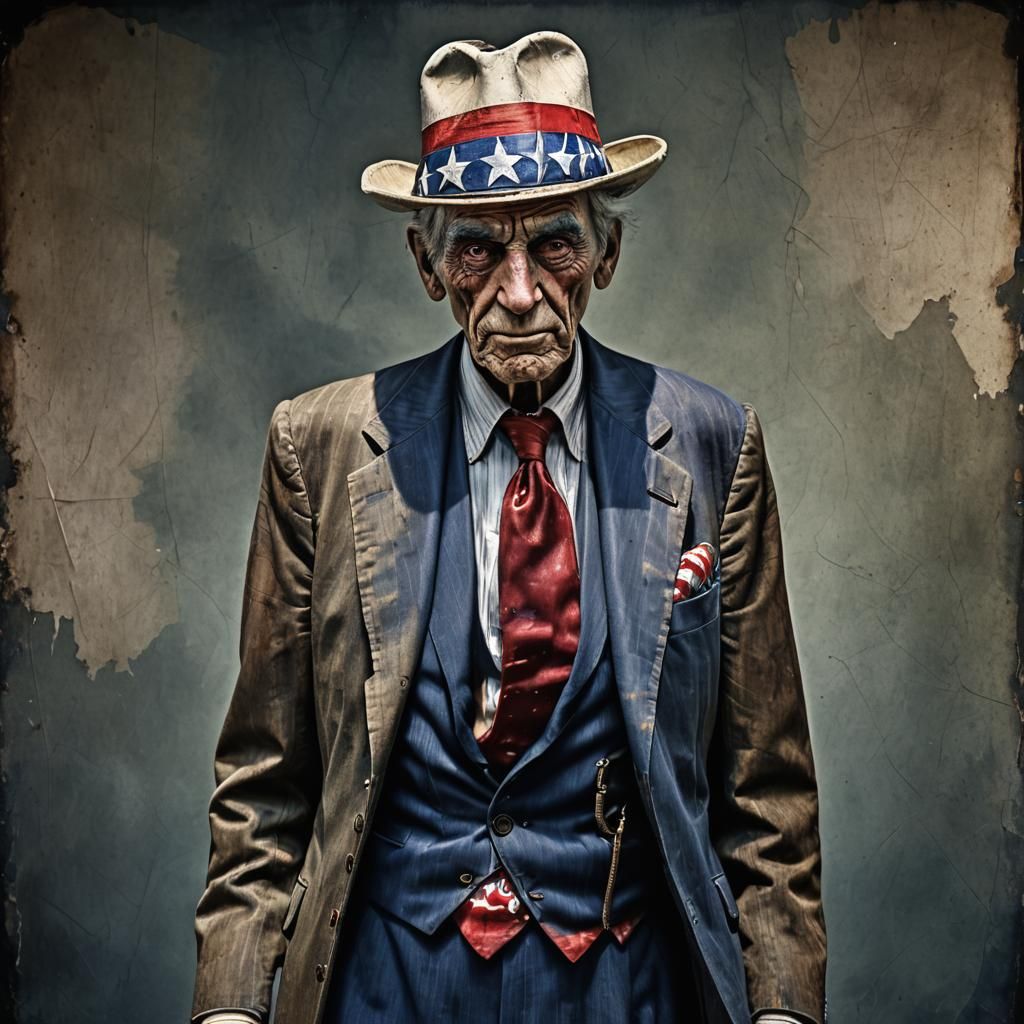 Uncle Sam pockets inside out to show he's poor.