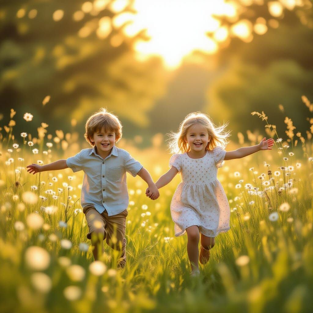 Children Skipping Joyfully in Sun-Dappled Meadow