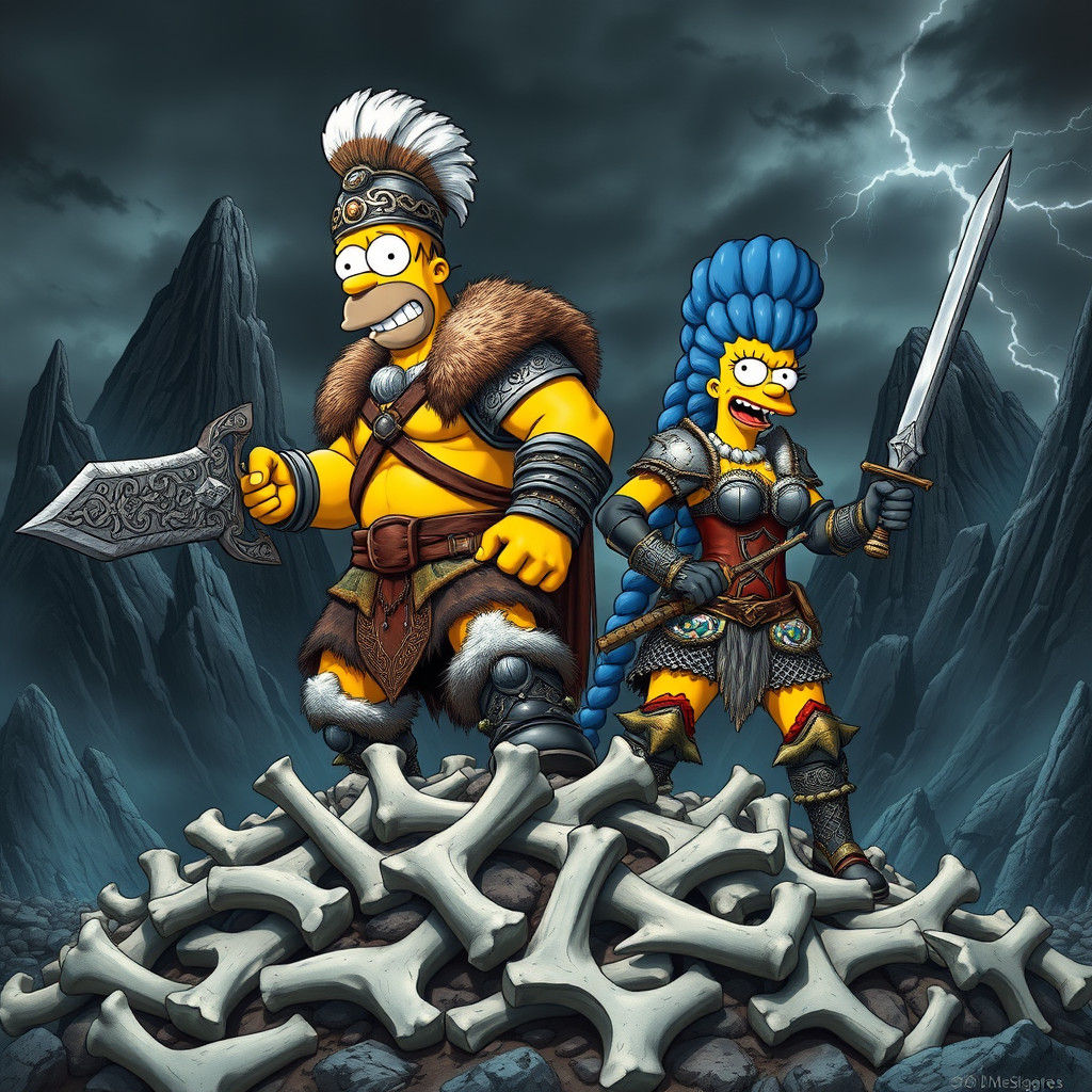 Homer Simpson as a rugged warrior with muscular build, wielding a colossal great sword and adorned with armor reminiscent of a barbarian, bl...