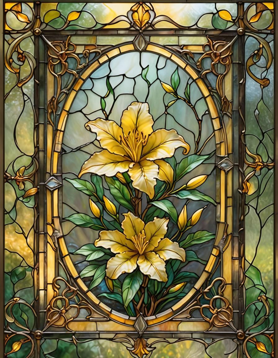 Traditional-Stained glass art, medium shot. Small, vibrant y...