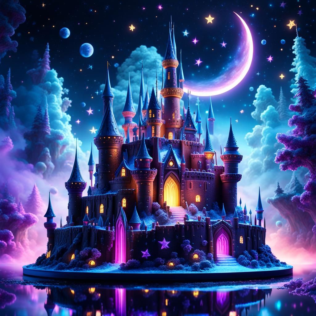 Miniature Cake Castle with Neon Moons and Stars