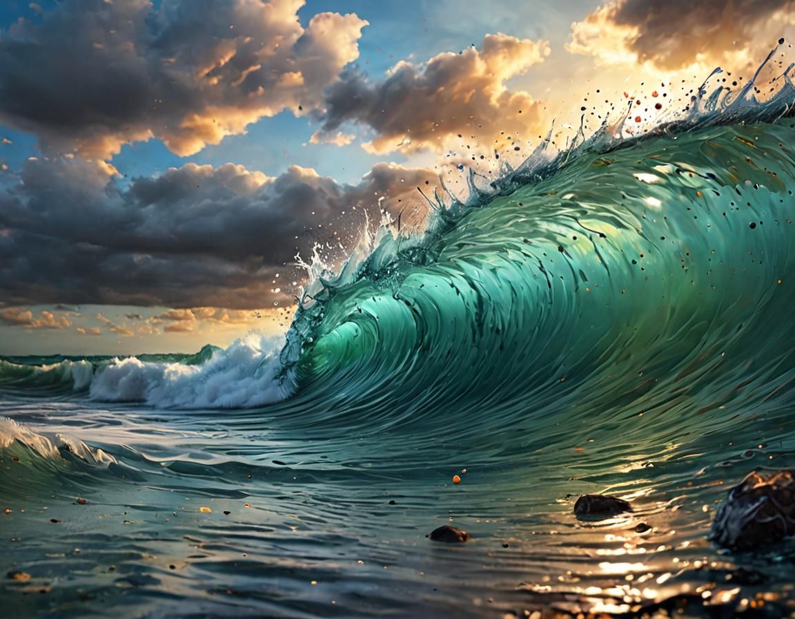 sea with waves and a storm inside a glass Hyperrealistic, splash art, concept art, mid shot, intricately detailed, color depth, dramatic, 2/...