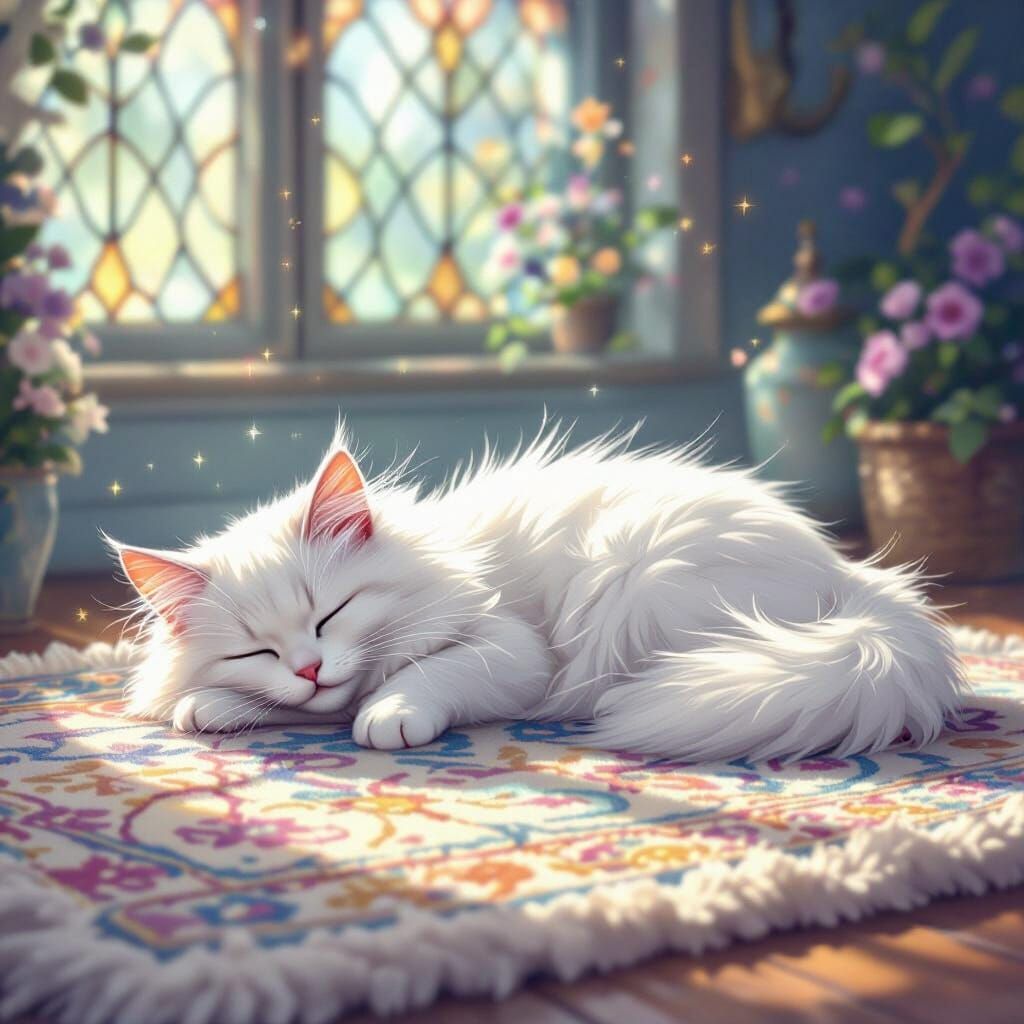 Fluffy White Cat Sleeps in Magical Realm