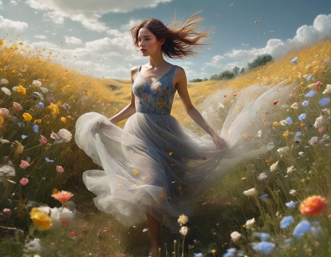 beautiful flower woman dressed in a flowing Tulle  dress trailing behind her as she runs through a field ...  by @Spearmint