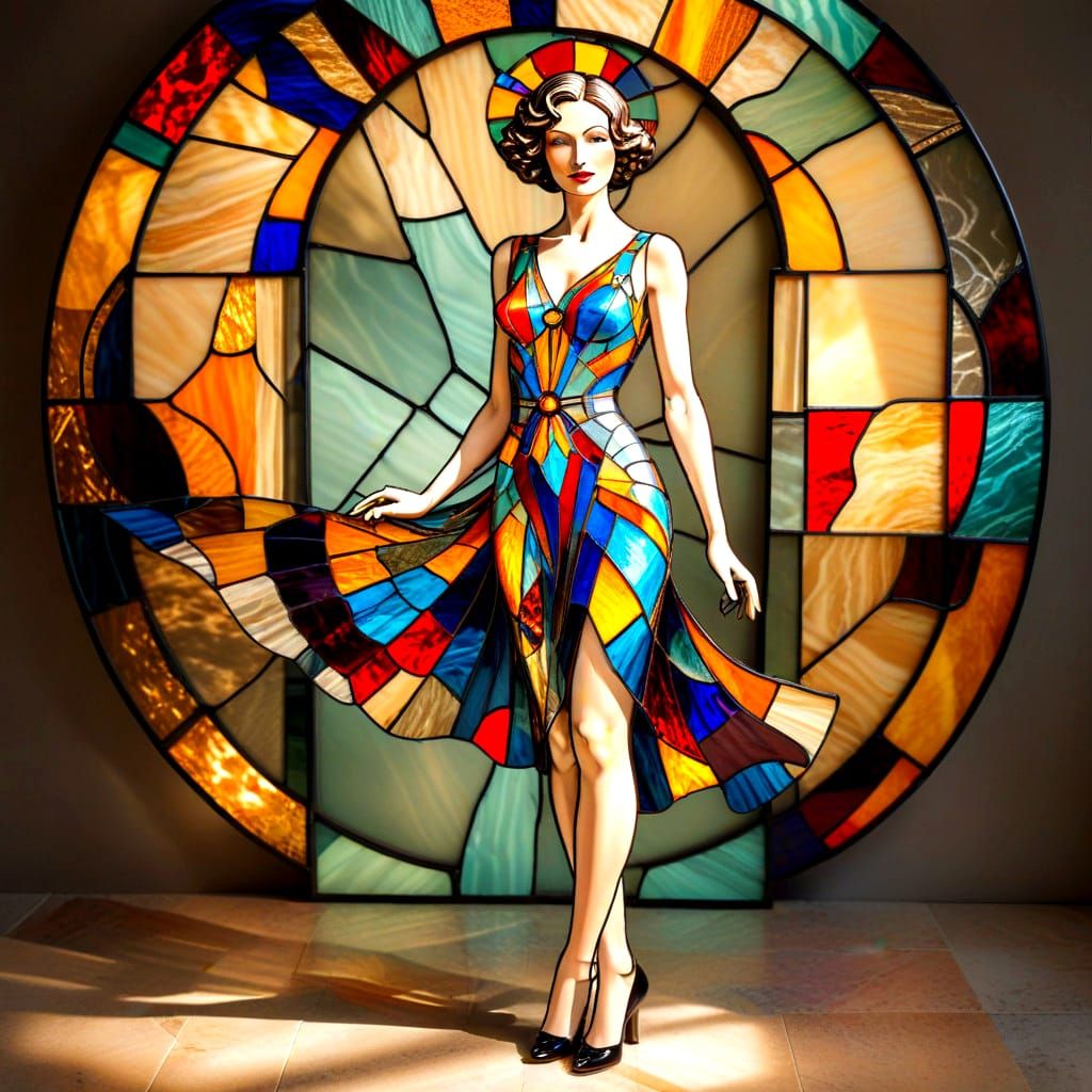 Art Deco Stained Glass Portrait of Elegant Lady
