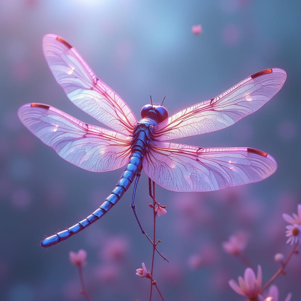 magical dragonfly with purples and pinks that looks like a hologram and hand-painted