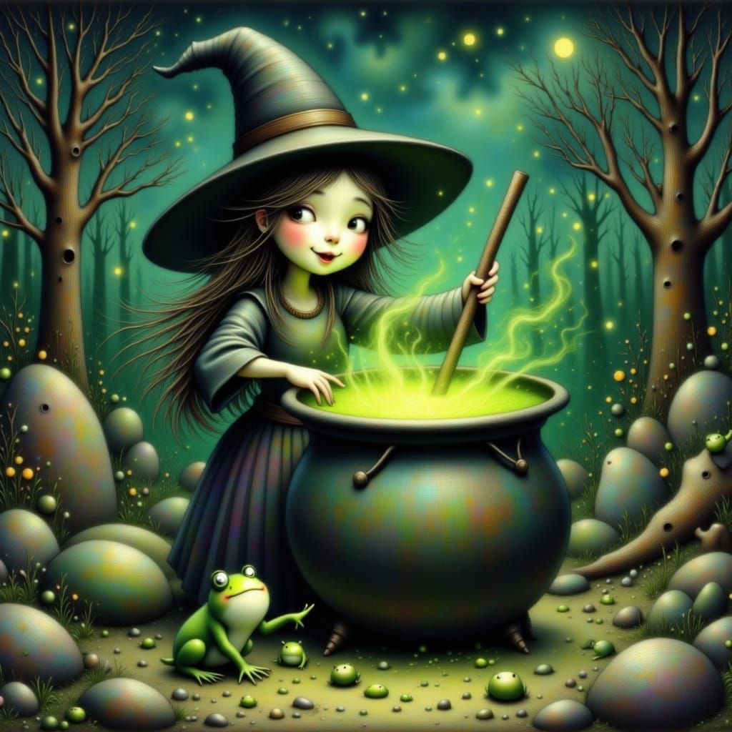 <lora:Storybook Halloween:1.0> Kind old witch happily stirring a bubbling green cauldron with giggling frogs nearby