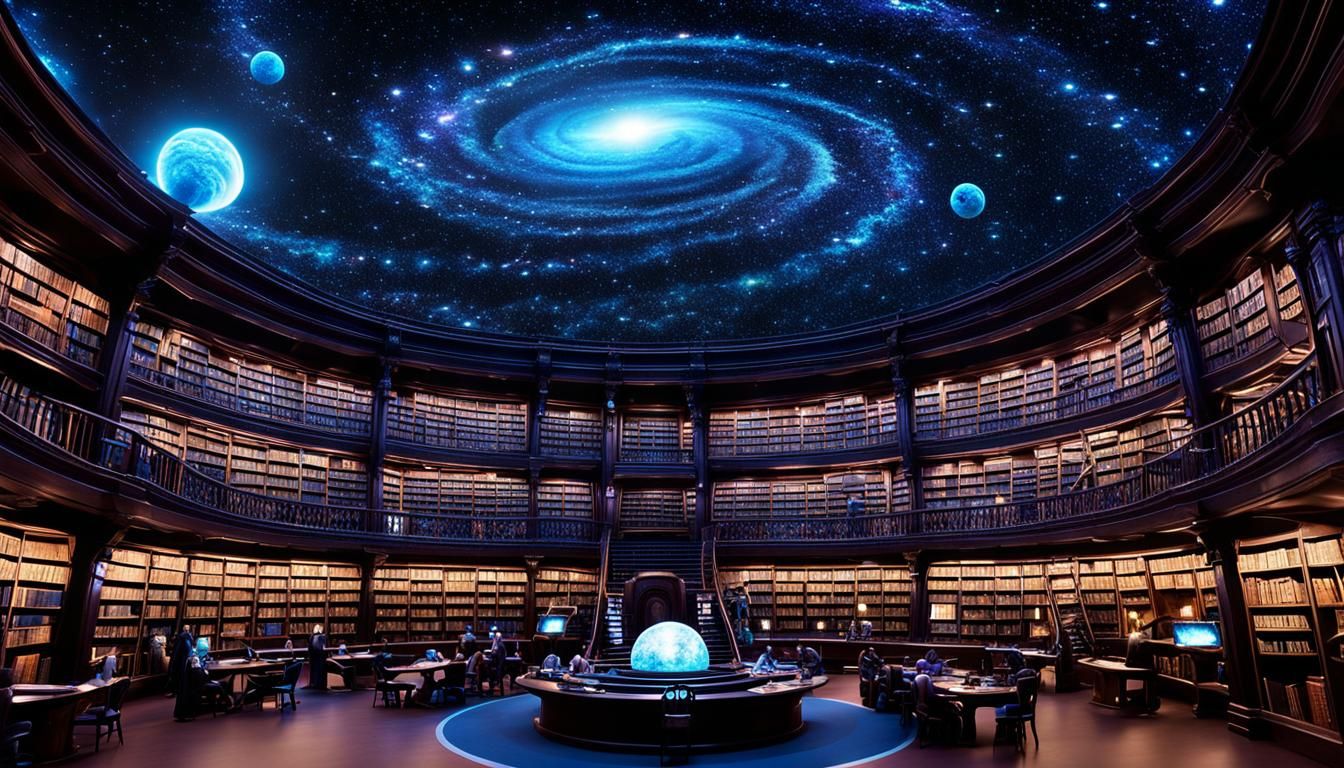 cosmic library floating in space, where each book contains the entire ...