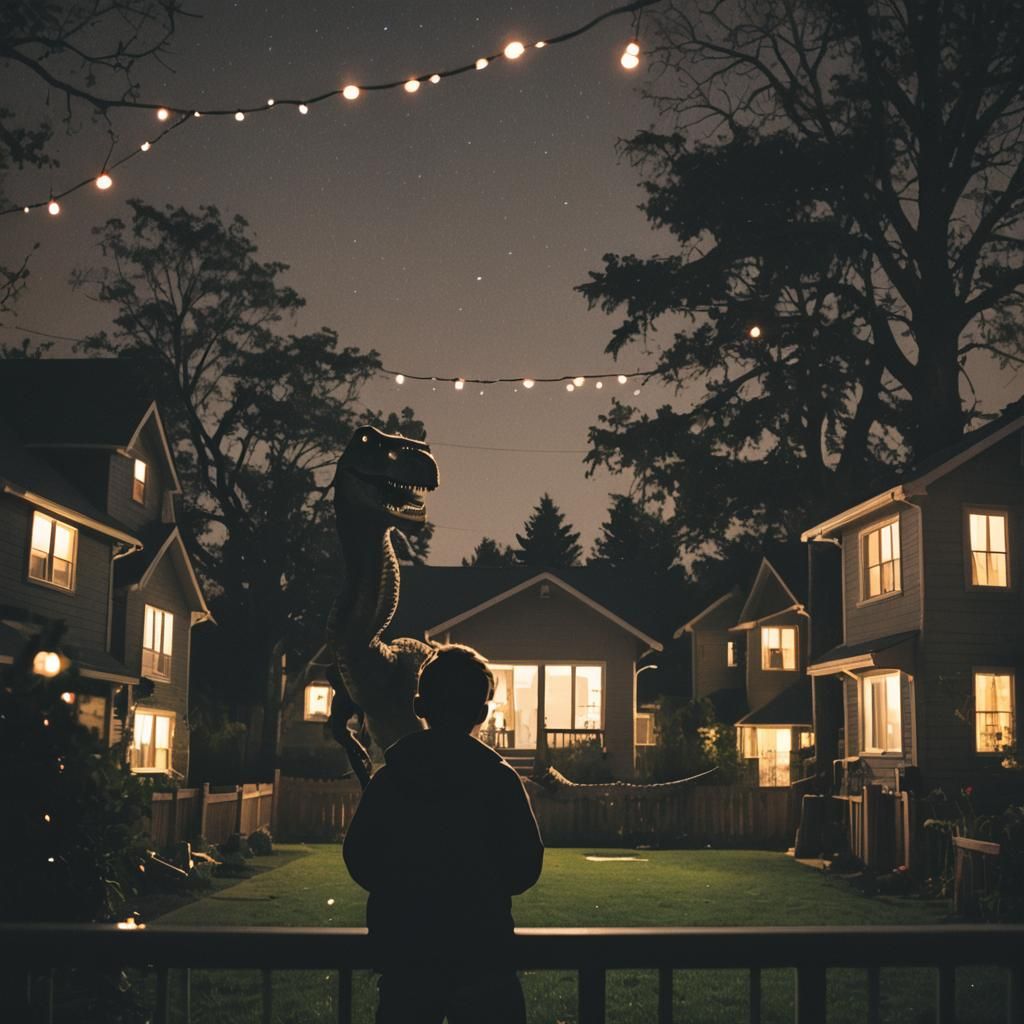 Dinosaur in Backyard at Night, Cinematic Still