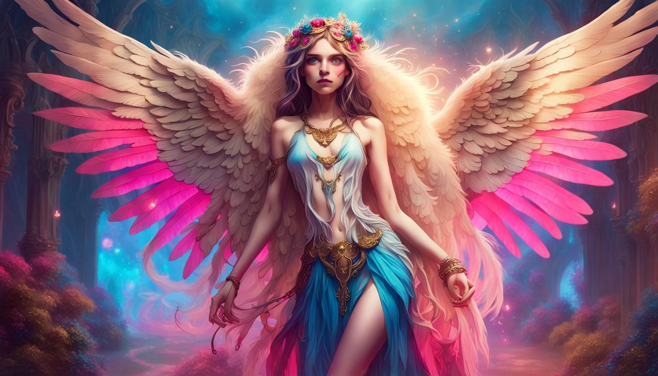 Beautiful Angel with Wings in Dreamy Landscape