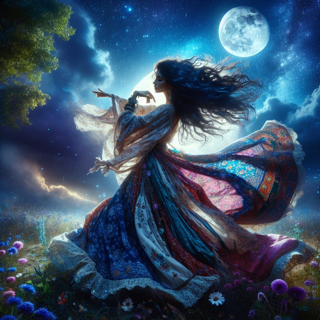 mystical scene, full moon, gypsy woman, flowing dark hair, b...