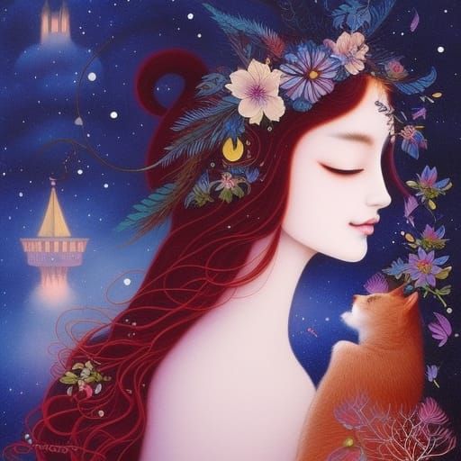 girl with cats, dogs, bird, flower, fairytale, magic realism...