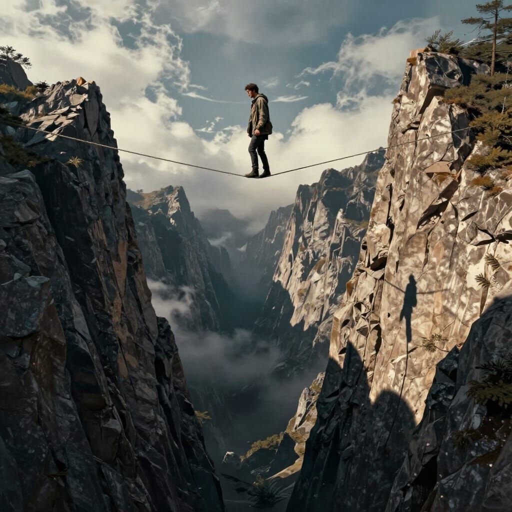 Man Braving Tightrope Over Chasm Between Peaks
